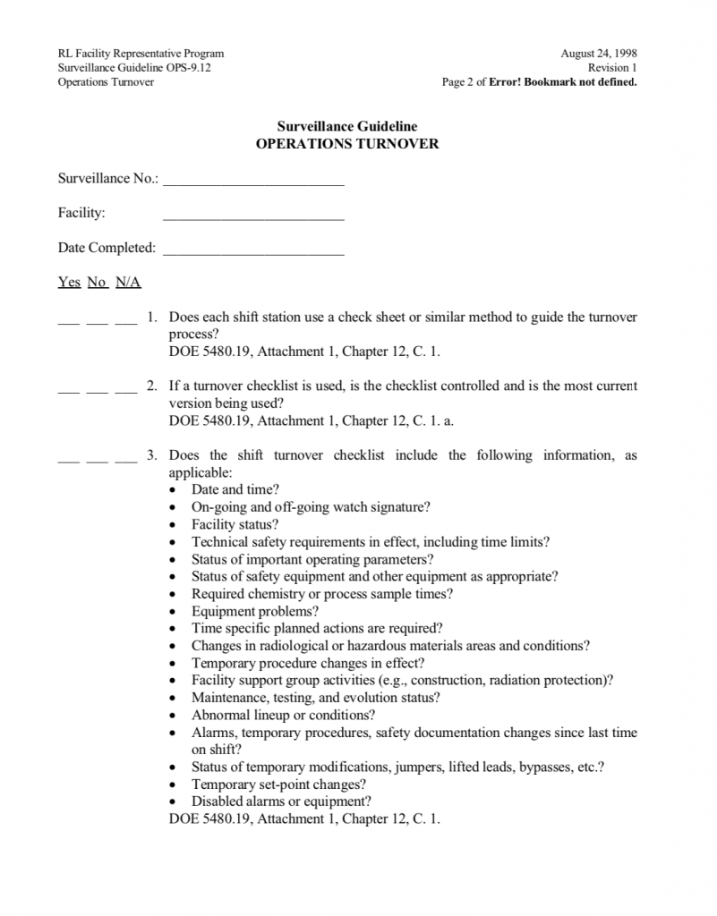 Shift Turnover / Shift Handoff Audit Form / Checklist