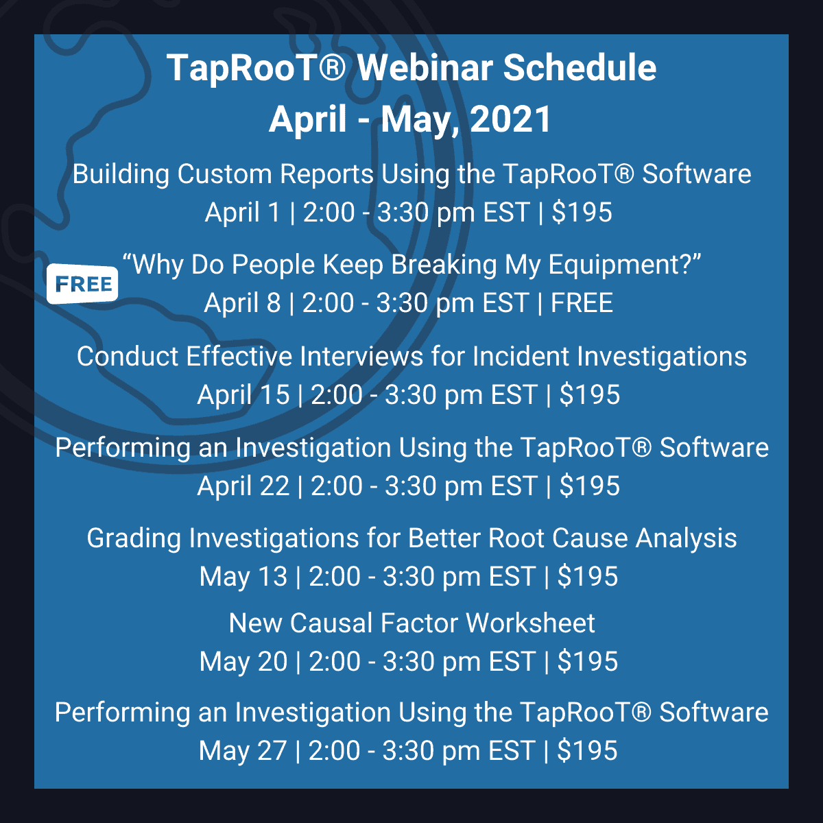 April - May Webinar Schedule