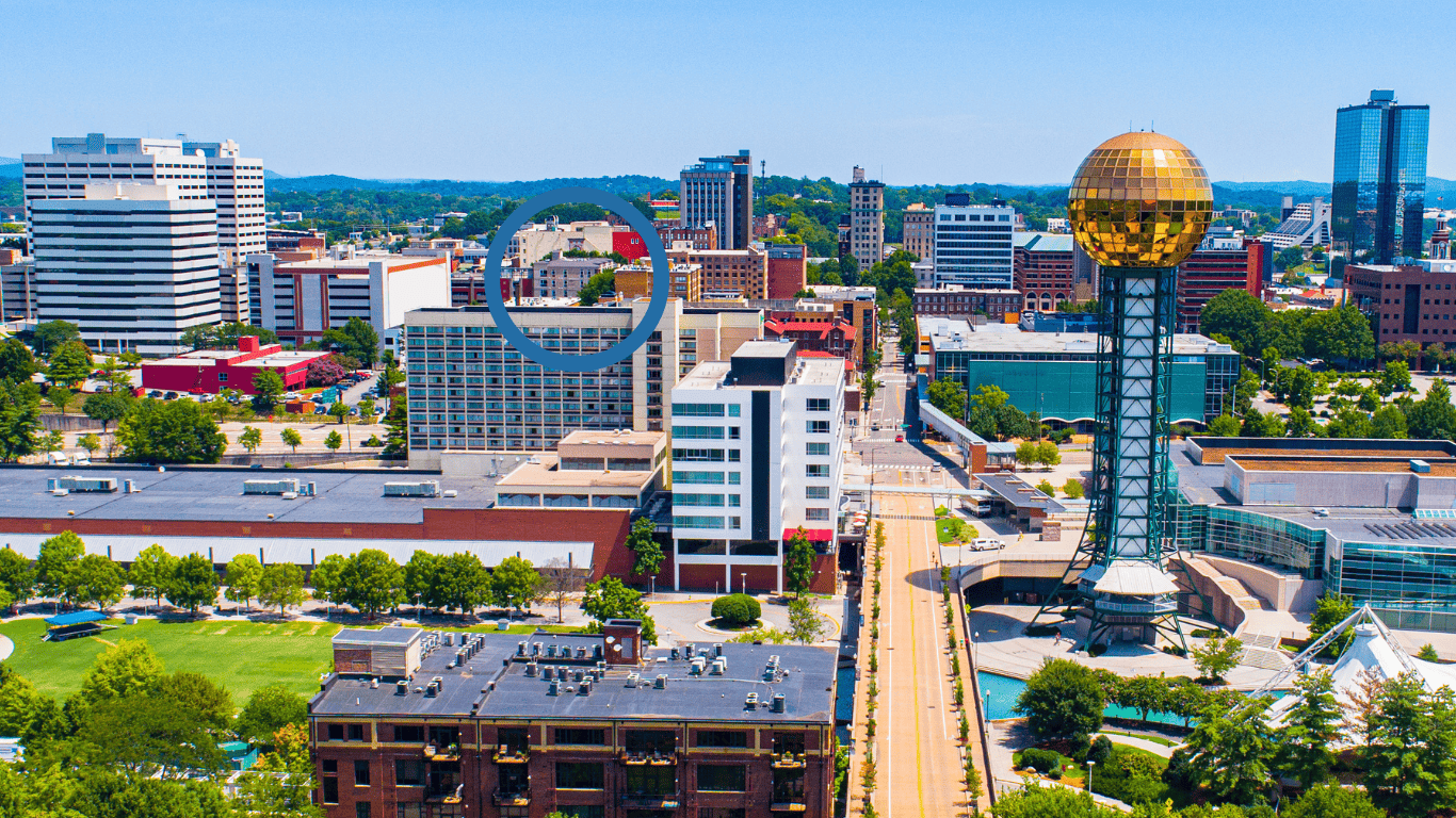 A circle highlighting which building is The Oliver